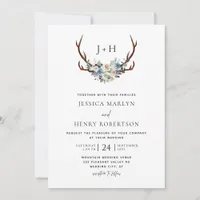 Chic Rustic Floral Stag Antlers Wedding Invitation