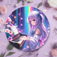 Anime Girl Playing Piano   Classic Round Sticker