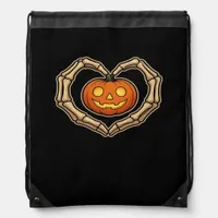 Skeleton Hands Heart With Pumpkin Cute Spooky Hall Drawstring Bag
