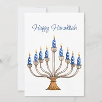 Hanukkah Menorah with Blue, White Burning Candles 