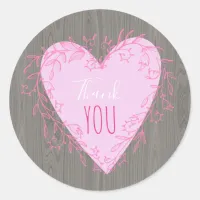 Cute Pink Heart With Doodle Frame on Wood Thank Yo Classic Round Sticker