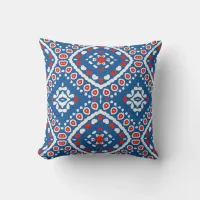 Azure Blue Red and White Ethnic Bohemian Pattern Throw Pillow