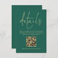 Gold Text QR Code Wedding Emerald Green Details  Enclosure Card
