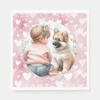 Baby Girl and Puppy Pink Baby Shower Napkins