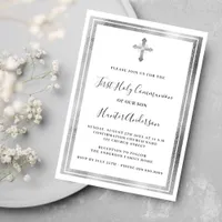 First Communion white silver cross Invitation