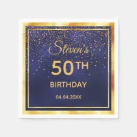 50th birthday party on midnight blue gold confetti napkins