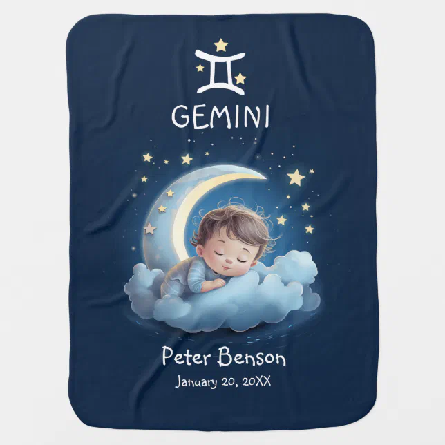 Cute Gemini Baby Sleeping on Moon Zodiac Astrology Baby Blanket