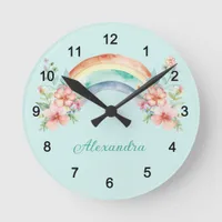 Pretty Watercolor Flowers and Rainbow Round Clock