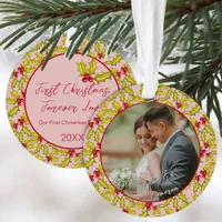 First Christmas Married Pink Red Fun Couples Photo Ornament