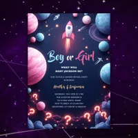 Rocket Planets Outer Space Boy Girl Gender Reveal Invitation