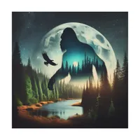 Double Exposure Bigfoot, Eagle and Full Moon Wood Wall Art