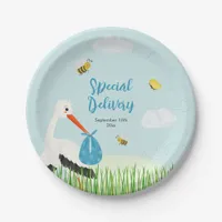 Cute Blue Stork Baby Shower Paper Plates