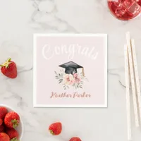 Elegant Graduation Cap Pink Watercolor Flowers Napkins