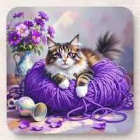 Cat  in Purple Yarn and Flowers   Beverage Coaster