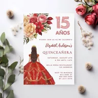 Quinceanera red gold dress florals roses white invitation