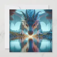 Mystical Blue Dragon Looking at Reflection in Wate