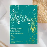 Teal and Gold Enchanted Wedding Save the Date Foil Invitation