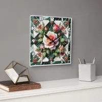 Elegant Roses on a Green Marble Background Square Wall Clock