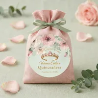 Pink Sage Green Floral Gold Tiara Quinceañera Classic Round Sticker