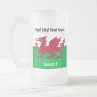 Happy St. David's Day Red Dragon Welsh Flag Frosted Glass Beer Mug