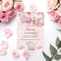 Blush pink bow florals cute one 1st birthday invitation