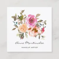 Makeup Artist Pink and Peach Floral Watercolor Square Business Card