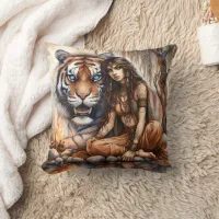 Native American Woman Sitting With Tiger by Water Throw Pillow