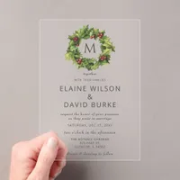 Holly Berries Wreath Monogram Winter Wedding Acrylic Invitations
