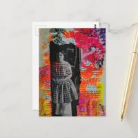 Vintage Child on Flowers Mixed Media Collage Postcard