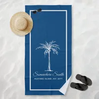 Elegant Blue White Palm Tree Personalized Beach Towel