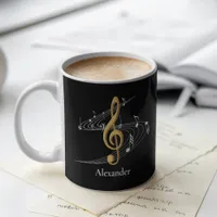 Elegant Music Treble Clef Black Gold Personalized Coffee Mug