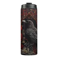 Black Crow Dark Gothic Beauty Red Roses Raven Bird Thermal Tumbler