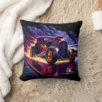 Vintage hot rod racing down a neon-lit road throw pillow