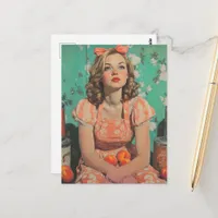 Woman With Peaches Retro Fantasy Postcard