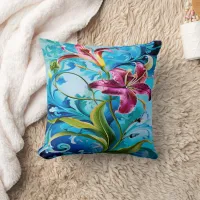 Vibrant Lily Blooms Against Blue Swirls Throw Pillow