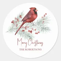 Watercolor Christmas Cardinal Winter Pine Classic Round Sticker