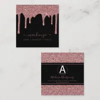 Black Rose Gold Glitter Drips Business Logo Square Business Card