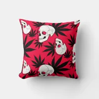 Weed Leaf Herbal Plant and Skulls on Red Throw Pillow