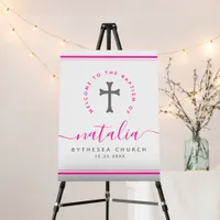 Pink Baptism Christening Naming Cross Glitter Foam Board