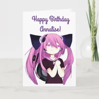 Anime Girl with Headphones Cat Ears Big Birthday  Card