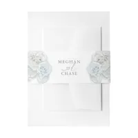 White and Baby Blue Roses Invitation Belly Band