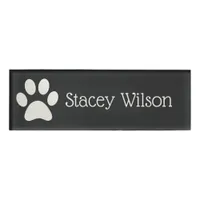 White and Charcoal Paw Print Logo Name Tag