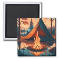 Tent and Campfire Vintage Colors Art Magnet