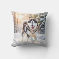 Elegant Custom Husky Dog In Snow Merry Christmas Throw Pillow