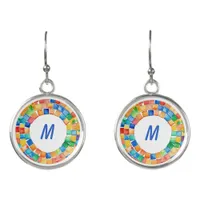 Colorful Mosaic Pattern Circle Monogrammed Initial Earrings