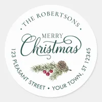 Christmas Script Botanical Green Return Address Classic Round Sticker