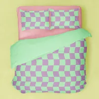 Fun Purple Green Wavy Checkerboard Print Duvet Cover