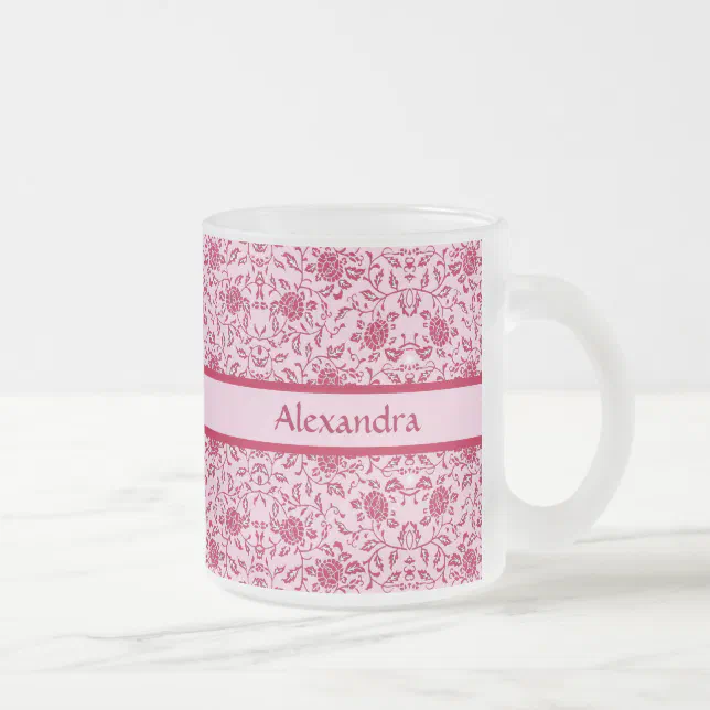 Elegant Flowery Pink and Red Damask Frosted Glass Coffee Mug