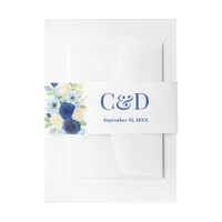 Navy Royal Bue Wedding Watercolor Ivory Flowers Invitation Belly Band