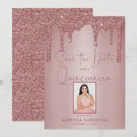 Rose Gold Sparkle Glitter Drips Quinceañera Save The Date